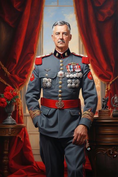 پرتره ژنرال نظامی با یونیفرم طوسی و روبان‌های قرمز برای دکوراسیون