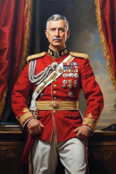 نقاشی پرتره ژنرال سلطنتی با یونیفرم قرمز و شلوار سفید برای تابلو دیواری