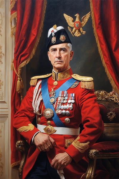 تصویر پرتره کلاسیک افسر ارتش با یونیفرم قرمز و کلاه تزئینی برای دکور