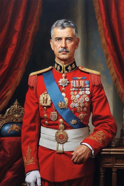 عکس پرتره پادشاه با یونیفرم قرمز و مدال‌های زیاد برای چاپ تابلو پذیرایی