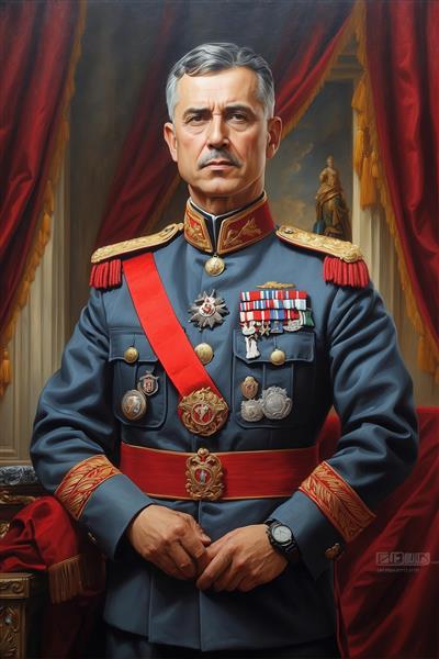 طرح نقاشی افسر ارتش با یونیفرم آبی‌تیره و روبان قرمز برای پوستر دیواری