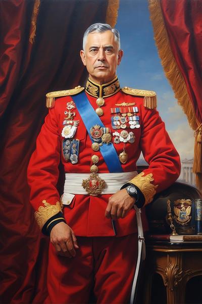 پرتره کلاسیک ژنرال نظامی با یونیفرم قرمز و شال آبی برای تابلو دکوراتیو