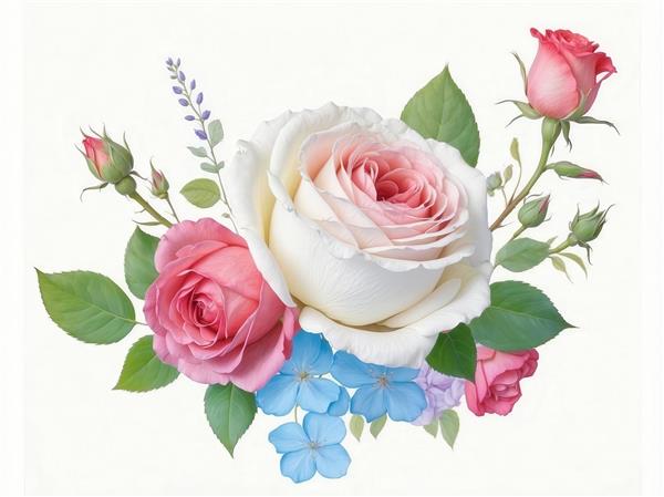 طرح گل رز صورتی و سفید با گل‌های آبی و غنچه برای چاپ روی کوسن