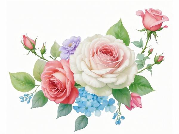 تصویر رز صورتی و سفید با گل‌های آبی کوچک برای پوستر دیواری پذیرایی