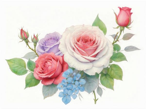 عکس دسته گل رز سفید، صورتی و بنفش با گل‌های آبی برای تابلو