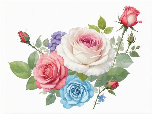 طرح گل رز سفید، صورتی و آبی آبرنگی باکیفیت برای چاپ روتختی
