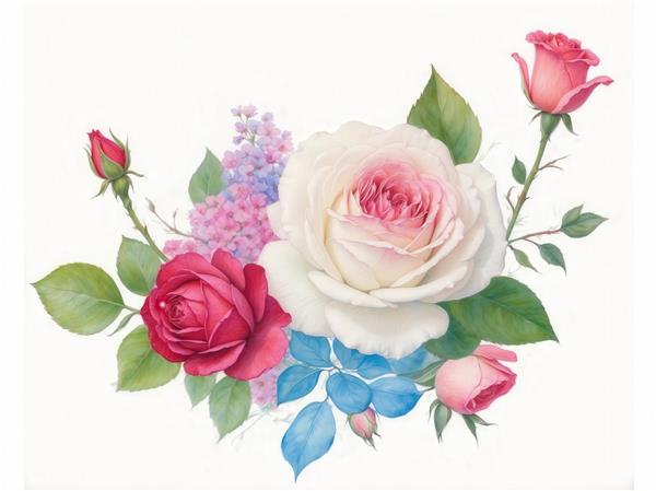 تصویر رز سفید و قرمز با گل‌های بنفش و برگ‌های آبی برای پوستر شیک