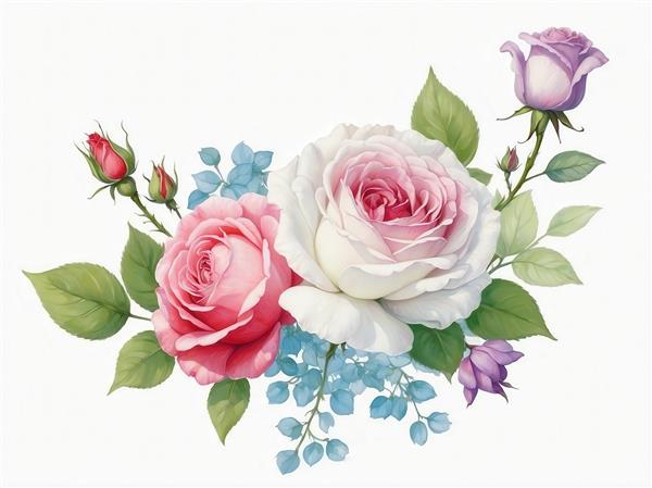 عکس گل رز صورتی و سفید با گل‌های آبی کوچک برای تابلو دکوراتیو