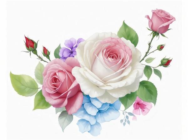 طرح رز صورتی و سفید با گل‌های آبی و بنفش برای چاپ روی پرده