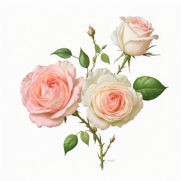 عکس دسته گل رز سفید، کرم و صورتی با غنچه برای تابلو اتاق خواب