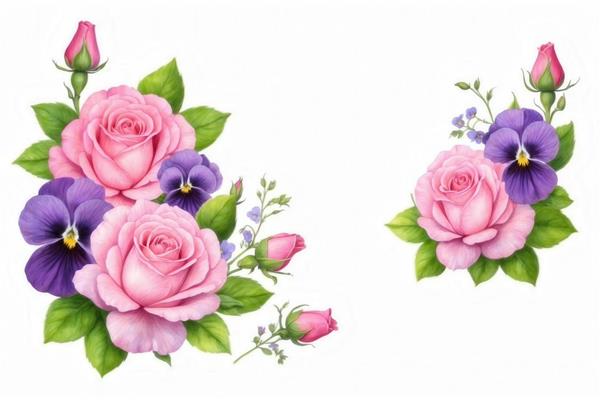 طرح گل رز صورتی و بنفشه بنفش آبرنگی برای چاپ روتختی و کوسن