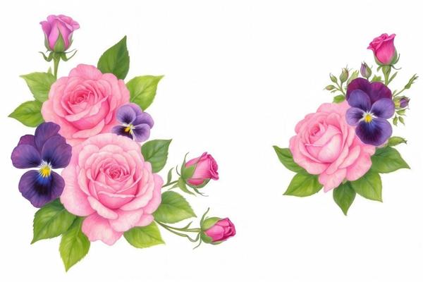 عکس دسته گل رز صورتی و بنفشه وحشی باکیفیت برای تابلو شیک