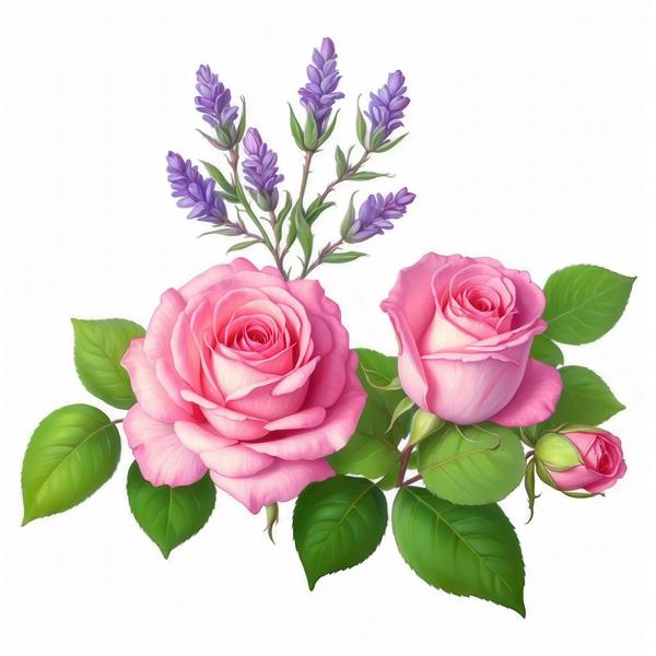 عکس دسته گل رز و اسطوخودوس بنفش آبرنگی برای پوستر دیواری پذیرایی