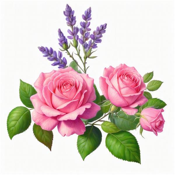 طرح گل رز صورتی و اسطوخودوس بنفش باکیفیت برای چاپ روتختی