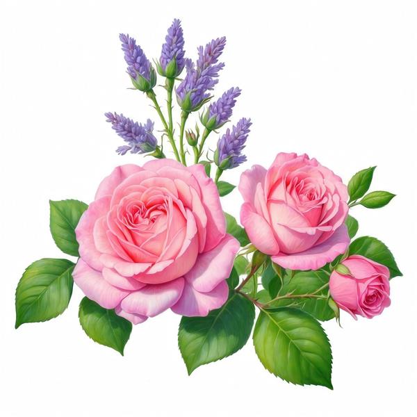 تصویر دسته گل رز صورتی و اسطوخودوس بنفش آبرنگی برای تابلو شیک