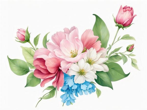 طرح دسته گل‌های صورتی، سفید و آبی آبرنگی برای چاپ روتختی و پرده