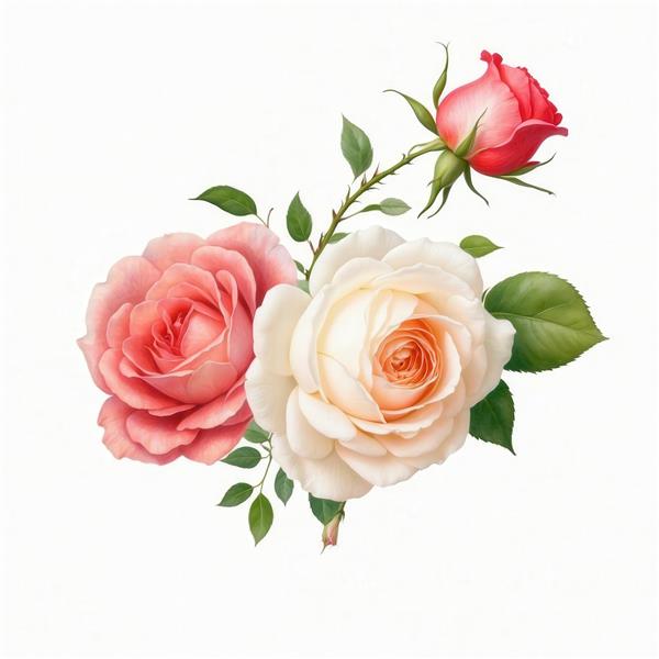 طرح گل رز صورتی و کرم آبرنگی با غنچه برای چاپ روی کوسن و ماگ