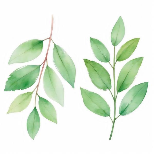 طرح نقاشی آبرنگی برگ‌های سبز و نازک برای روتختی یا پرده