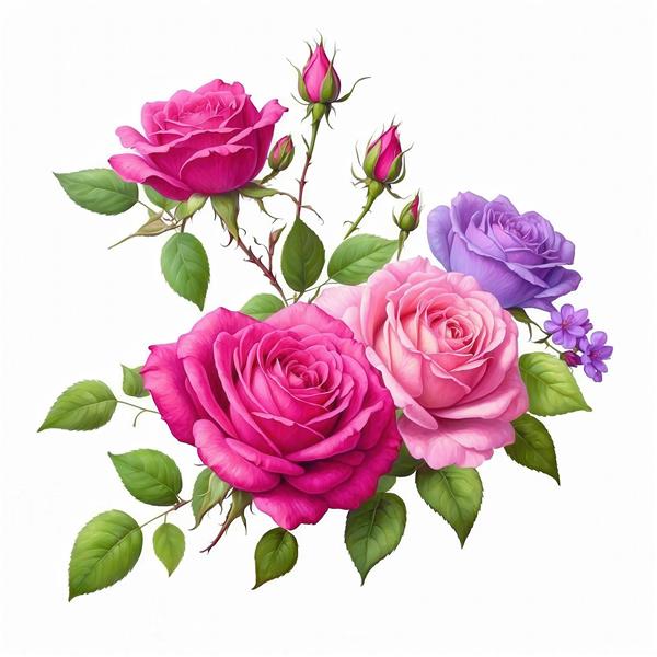 طرح نقاشی آبرنگی گُل‌های رُز صورتی و بنفش با برگ برای چاپ پارچه