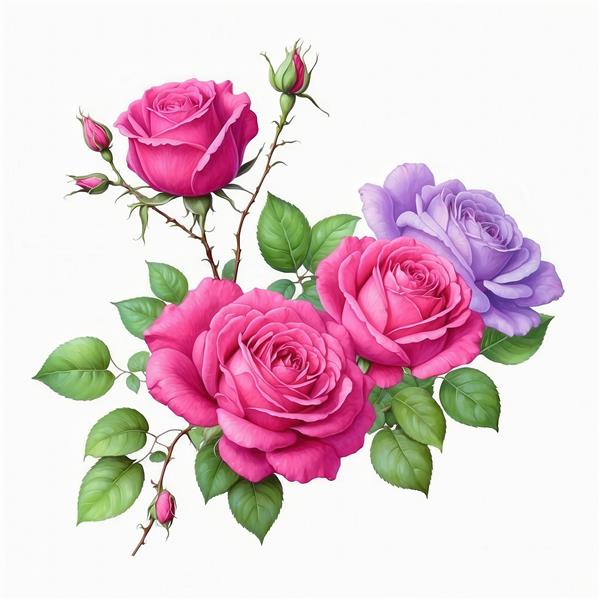 نقاشی آبرنگی دسته گُل رُز صورتی و بنفش برای چاپ روتختی و کوسن