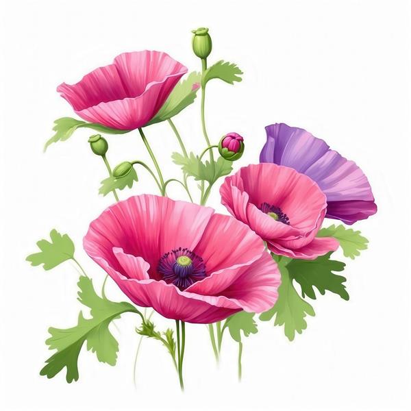 طرح گُل شقایق آبرنگی بزرگ صورتی و بنفش با غنچه برای چاپ روی پارچه