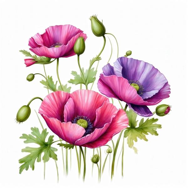 نقاشی آبرنگی گُل‌های شقایق سرخابی و بنفش با غنچه برای تابلو دکوراتیو