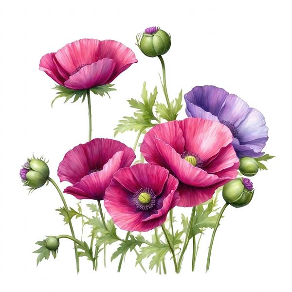 طرح نقاشی آبرنگ گُل‌های شقایق بزرگ و بنفش برای چاپ روی کوسن