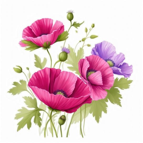 تصویر دسته‌ گُل شقایق آبرنگی با غنچه‌های صورتی و بنفش برای پارچه