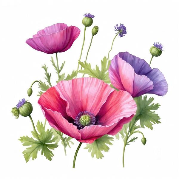 نقاشی آبرنگی سه گُل شقایق سرخابی و بنفش برای چاپ پرده