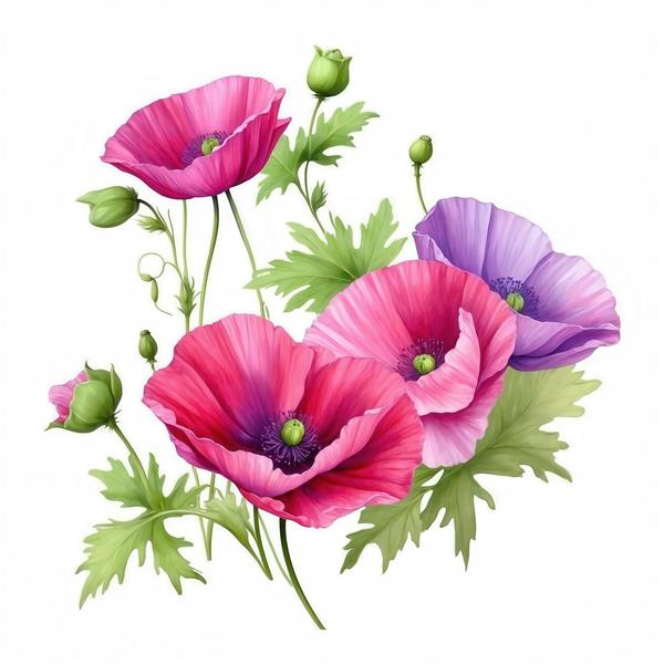 طرح آبرنگی گُل‌های شقایق سرخابی و بنفش با غنچه‌ها برای روتختی