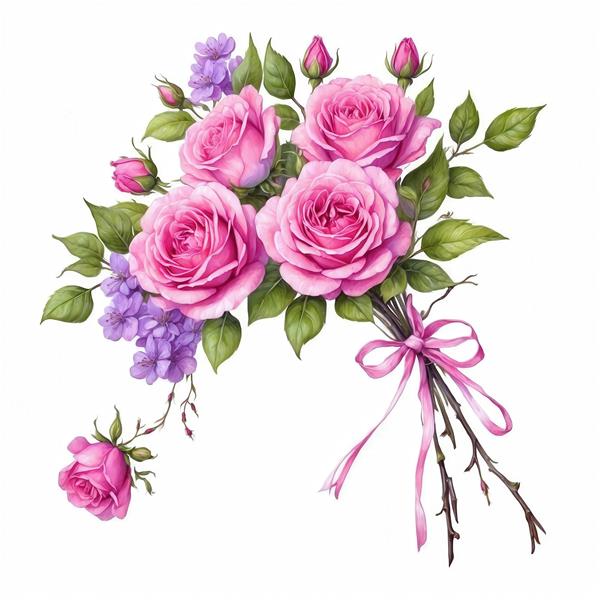 تصویر دسته‌ گل رُز صورتی آبرنگی با روبان برای پوستر و تابلو دکوراتیو