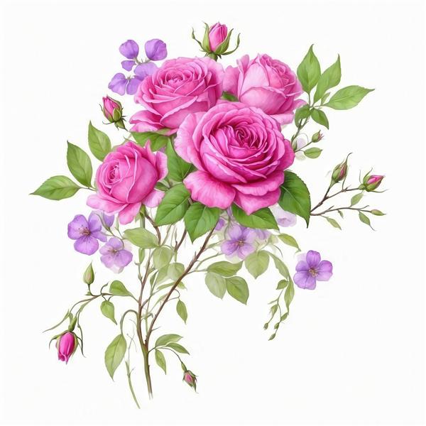 نقاشی آبرنگی دسته‌ گُل رُز صورتی با غنچه و برگ برای چاپ روی پرده