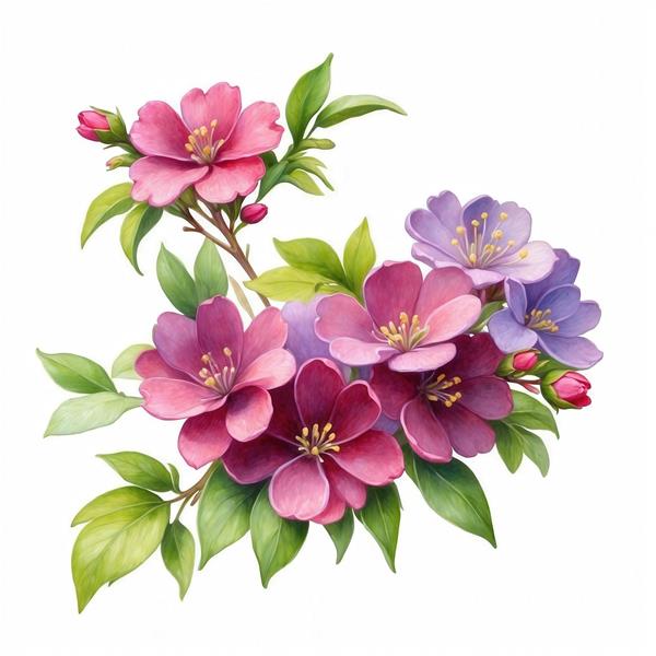 طرح آبرنگی دسته‌ی گُل‌های سرخابی و بنفش شبیه ژاپنی برای روتختی