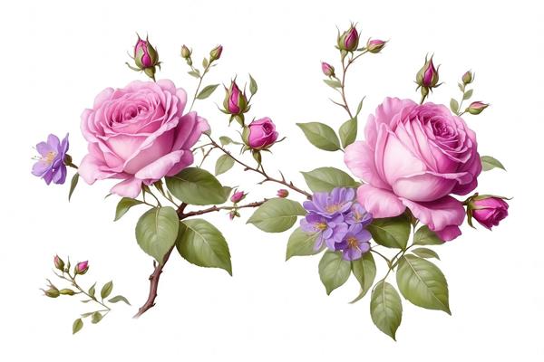 تصویر نقاشی آبرنگی شاخه گل رُز صورتی و بنفش برای چاپ عریض روی دیوار