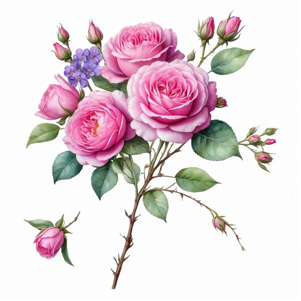 طرح نقاشی آبرنگی دسته‌ گُل رُز صورتی با غنچه و ساقه برای چاپ پارچه