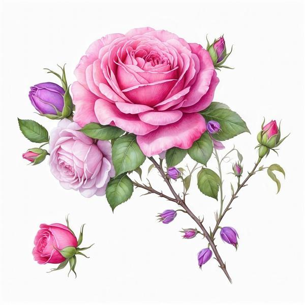 نقاشی آبرنگ شاخه و گُل‌های رُز صورتی با غنچه‌های بنفش برای پرده