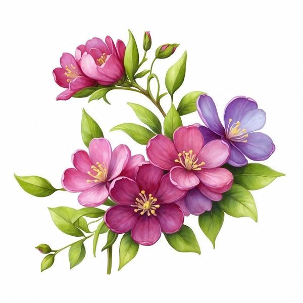 تصویر نقاشی آبرنگی گُل‌های سرخابی و بنفش برای چاپ روی کوسن