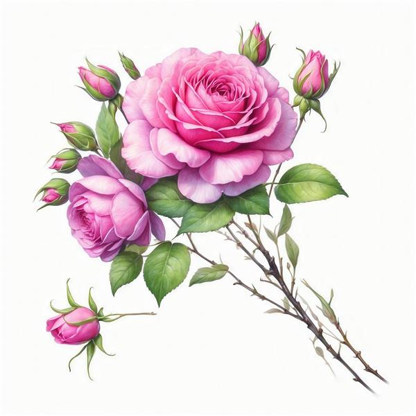 طرح آبرنگی دسته‌ گُل رُز صورتی بزرگ با غنچه‌ها برای چاپ روی روتختی