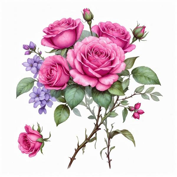 تصویر بوکه‌ی گل رُز صورتی آبرنگی با گل‌های ریز بنفش برای تابلو