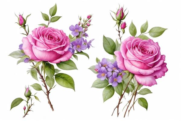 طرح نقاشی آبرنگی دو دسته گُل رُز صورتی و بنفش برای چاپ روی پارچه