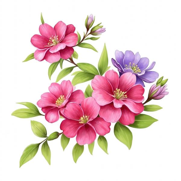 طرح گل‌های آبرنگی سرخابی و بنفش با شاخ و برگ برای روتختی