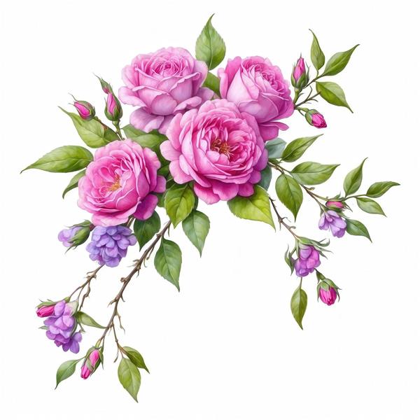 نقاشی آبرنگ دسته گل رُز صورتی و غنچه‌ها برای چاپ پرده و کوسن