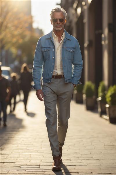تصویر مرد شیک‌پوش میانسال با کت جین و شلوار کرم برای تابلو دکوراتیو
