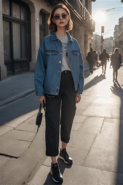 طرح دختر با استایل جین اورسایز و عینک آفتابی برای پوستر دکوراتیو فشن