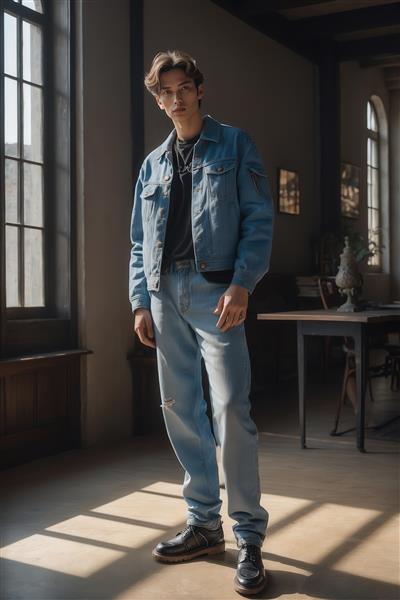 عکس پسر جوان با کت و شلوار جین آبی روشن برای پوستر دیواری اتاق نوجوان