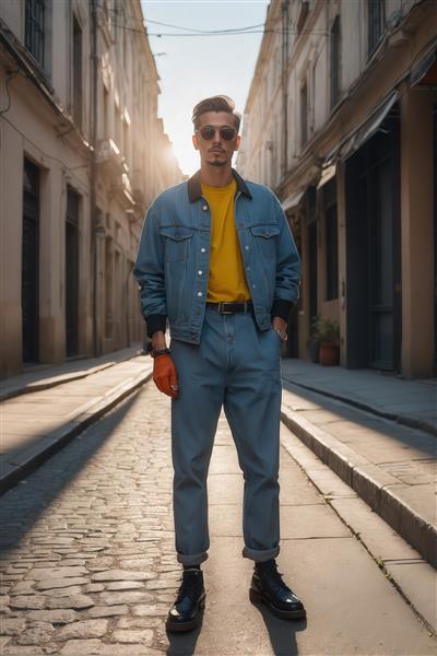 تصویر مرد با استایل جین و تیشرت زرد برای پوستر دکوراتیو شهری