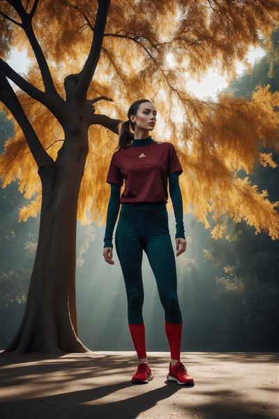 تصویر زن ورزشکار با لباس پاییزی برای چاپ روی پرده اتاق باشگاه