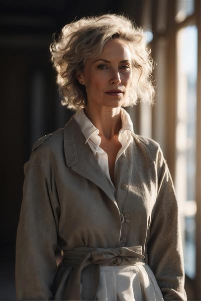 عکس زن میانسال مو بلوند با پالتو کرم برای تابلو دکوراتیو کلاسیک