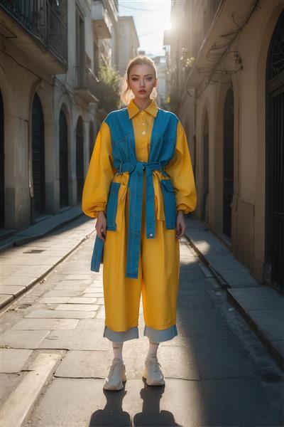 تصویر زن با لباس اورال زرد و آبی رنگارنگ برای پوستر دکوراتیو مدرن