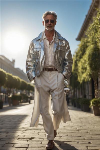 عکس مرد شیک‌پوش با کت براق نقره‌ای برای تابلو دکوراتیو لوکس